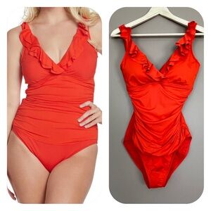 {Lauren Ralph Lauren} One Piece Swimsuit with Ruffle Trim in Orange - Womens 8